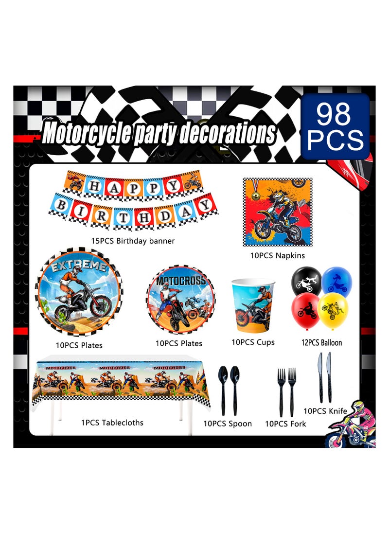 FRUITFUL PARTY - Motorcycle Birthday Decorations for 10 Guests, 98pcs Dirt Bike Party Disposable Tableware Set - Image 1