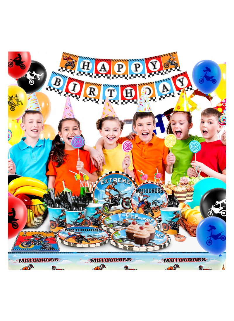 FRUITFUL PARTY - Motorcycle Birthday Decorations for 10 Guests, 98pcs Dirt Bike Party Disposable Tableware Set - Image 1