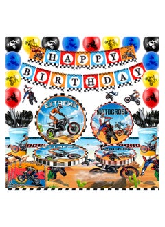 Motorcycle Birthday Decorations for 10 Guests, 98pcs Dirt Bike Party Disposable Tableware Set