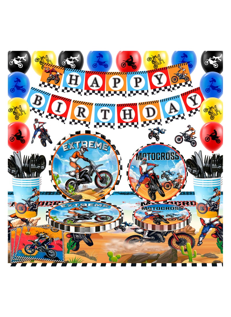 FRUITFUL PARTY - Motorcycle Birthday Decorations for 10 Guests, 98pcs Dirt Bike Party Disposable Tableware Set - Image 1