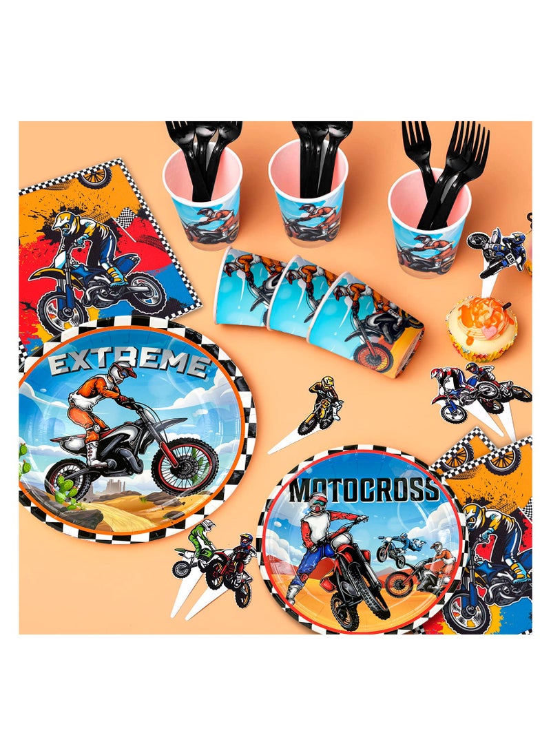 FRUITFUL PARTY - Motorcycle Birthday Decorations for 10 Guests, 98pcs Dirt Bike Party Disposable Tableware Set - Image 1