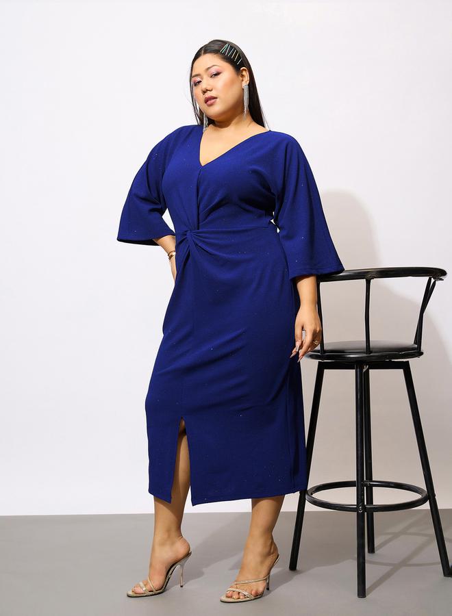 SASSAFRAS Plus Size Glittered Faux Knot Detail Sheath Midi Dress - Image 3