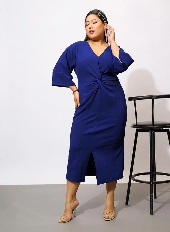 ساسافراس Plus Size Glittered Faux Knot Detail Sheath Midi Dress by Styli