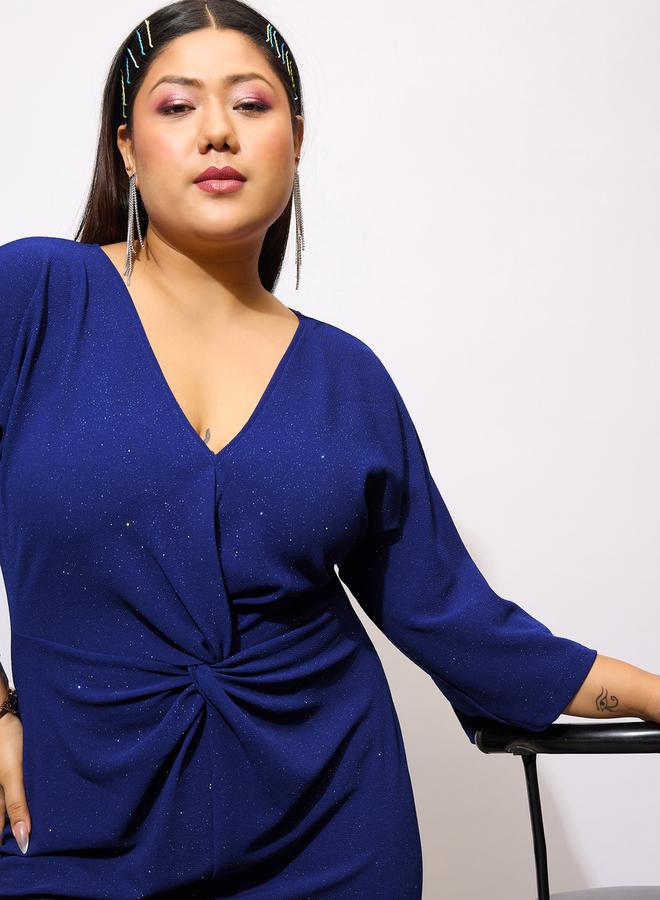 SASSAFRAS Plus Size Glittered Faux Knot Detail Sheath Midi Dress - Image 4