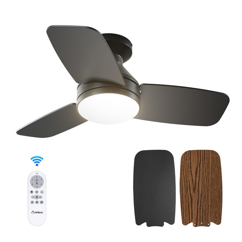 Amico Ceiling Fans with Lights 30 inch Low Profile Ceiling fan with Light and Remote Control Flush Mount Reversible 3CCT Dimmable Noiseless Black Ceiling Fan for Bedroom IndoorOutdoor Use