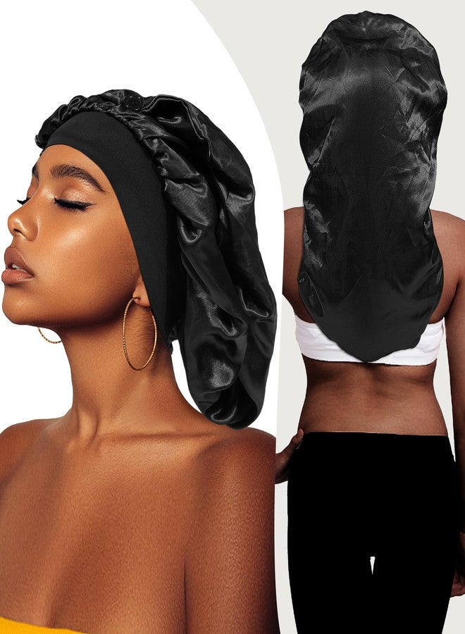 AWAYTR Long Satin Braids Bonnet for Women - 2 Layer Silk Bonnet for Braids Elastic Hair Sleeping Cap with Wide Band Nightcap (Black - Image 3