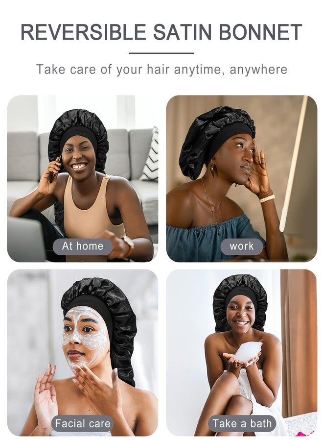 AWAYTR Long Satin Braids Bonnet for Women - 2 Layer Silk Bonnet for Braids Elastic Hair Sleeping Cap with Wide Band Nightcap (Black - Image 5