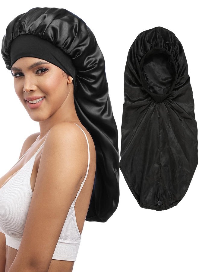 AWAYTR Long Satin Braids Bonnet for Women - 2 Layer Silk Bonnet for Braids Elastic Hair Sleeping Cap with Wide Band Nightcap (Black - Image 1