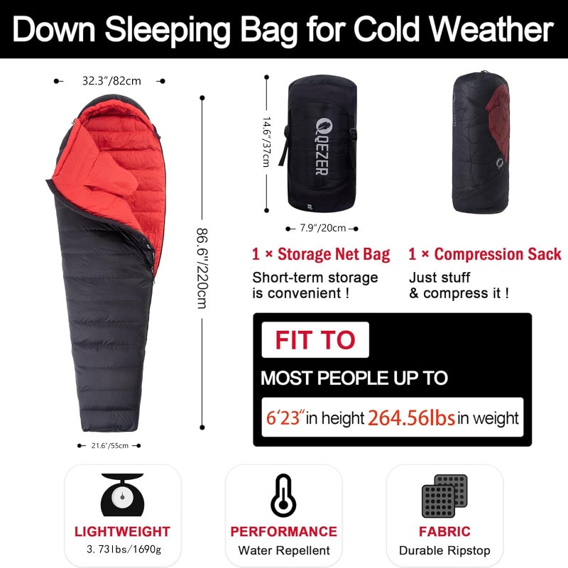 QEZER Ultralight Down Sleeping Bag for Adults with 600 Fill Power, Compact Sleeping Bag for Backpacking, Hiking and Camping (Black 15 Degree F) - Image 2