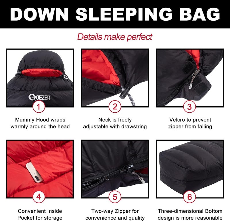 QEZER Ultralight Down Sleeping Bag for Adults with 600 Fill Power, Compact Sleeping Bag for Backpacking, Hiking and Camping (Black 15 Degree F) - Image 5