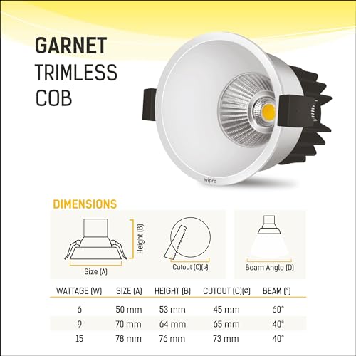 Wipro Garnet 9W Trimless COB Spotlight for Ceiling|Neutral White Light (4000K) |High Voltage Protection Upto 380V| Surge Protection Upto 2.5KV | Sharp Light Cone Effect | Cutout - 65 mm | Pack of 1 - Image 3