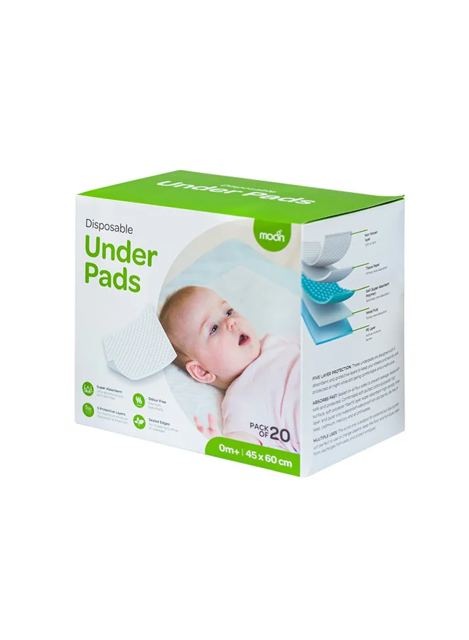 Moon Disposable Under Pads Multi-Use Leak-Proof Bed Pads For Adults And Kids Unisex Size 45Cm X 60Cm - Pack Of 20