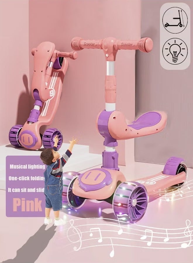 ميكسد دراجة بخارية للأطفال بعجلات وامضة بضوء LED وارتفاع قابل للتعديل ودراجة بخارية قابلة للطي للأنشطة الخارجية للأولاد والبنات (وردي) - Image 1