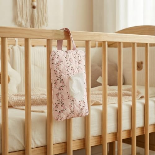 BBIQI Quilted Baby Wipe Holder Quilted Wipe Pouch Portable Hanging Floral Wet Wipes Bag for Car, Stroller - Image 2