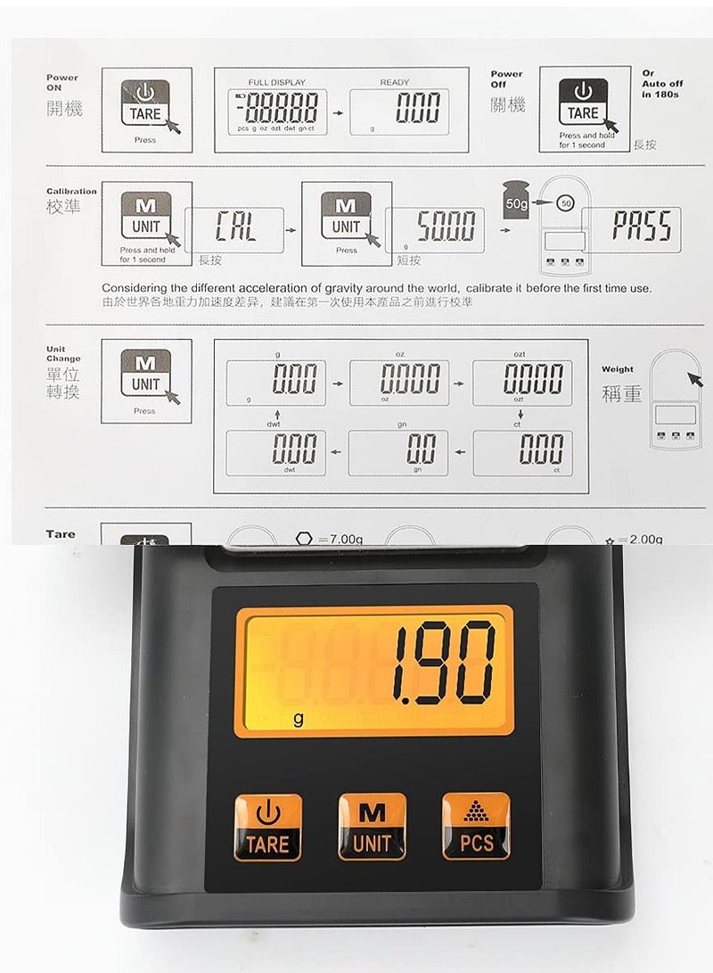 SYOSI Digital Milligram Scale 50 X 0.01g, Mini Electronic Jewelry Scale Kitchen Food Coffee High Precision Pocket Scales with 50g Calibration Weights, LCD Display, Tare, and PCS Features - Image 4