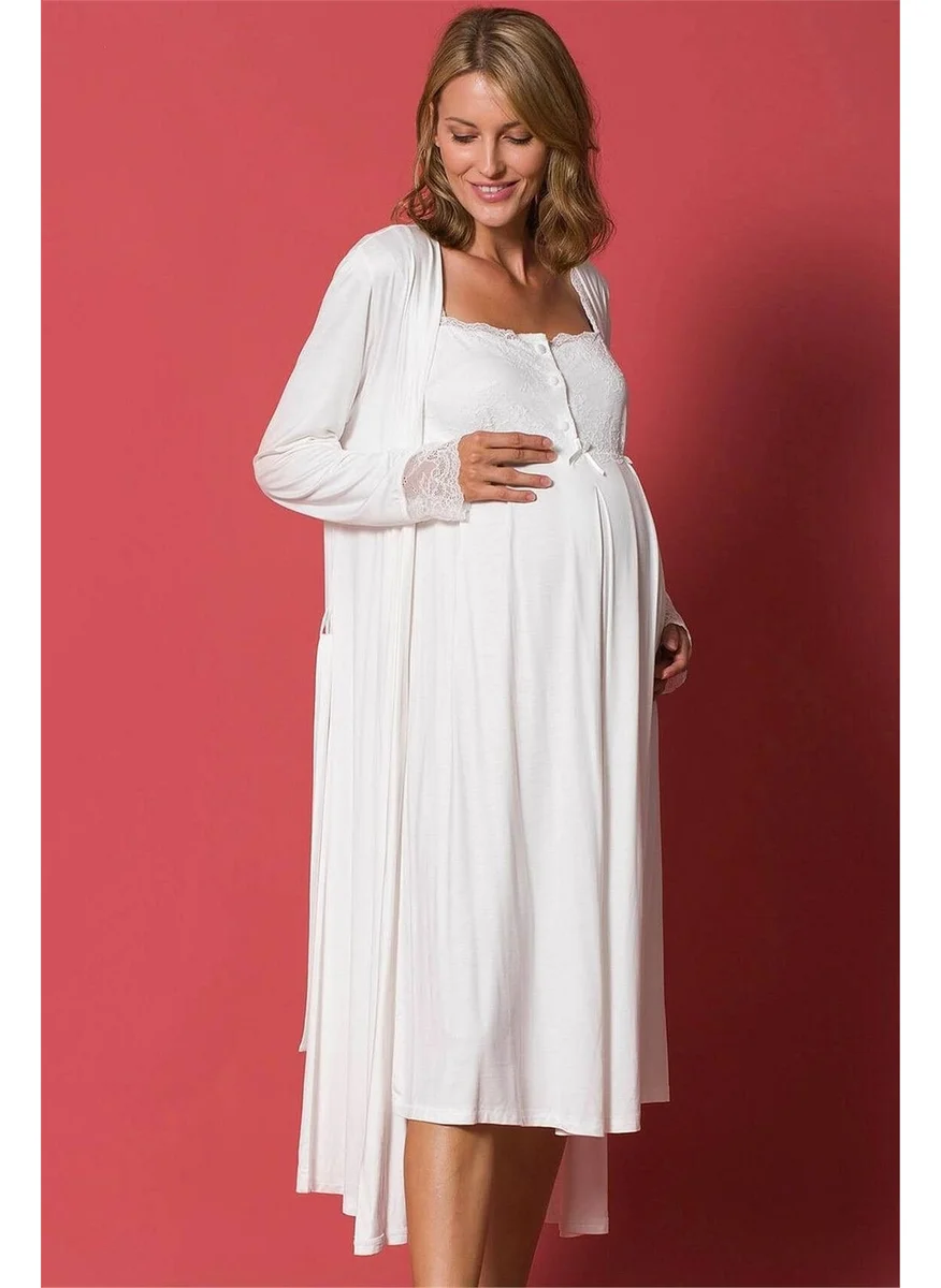 Monamise Women's Ecru Maternity Nightgown and Dressing Gown Set 18202