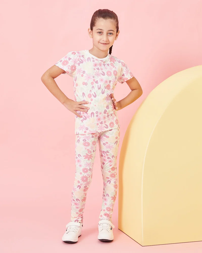REDTAG Girls White Floral Print T-Shirt
