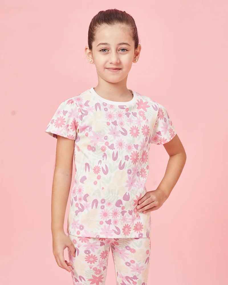 REDTAG Girls White Floral Print T-Shirt