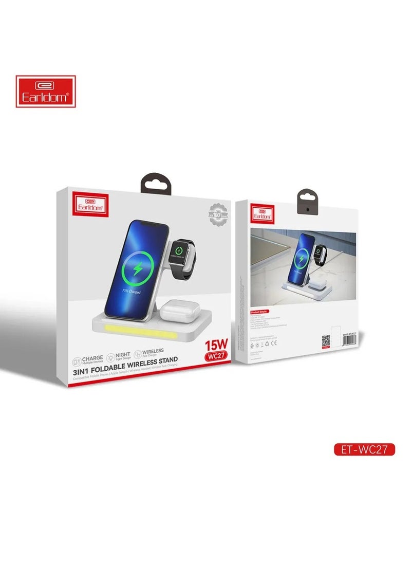 Earldom 15W wireless charger 3 in one Adapter Fast Charging 3 in 1 Wireless Charger Foldable For iPhone for iWatch - Image 3