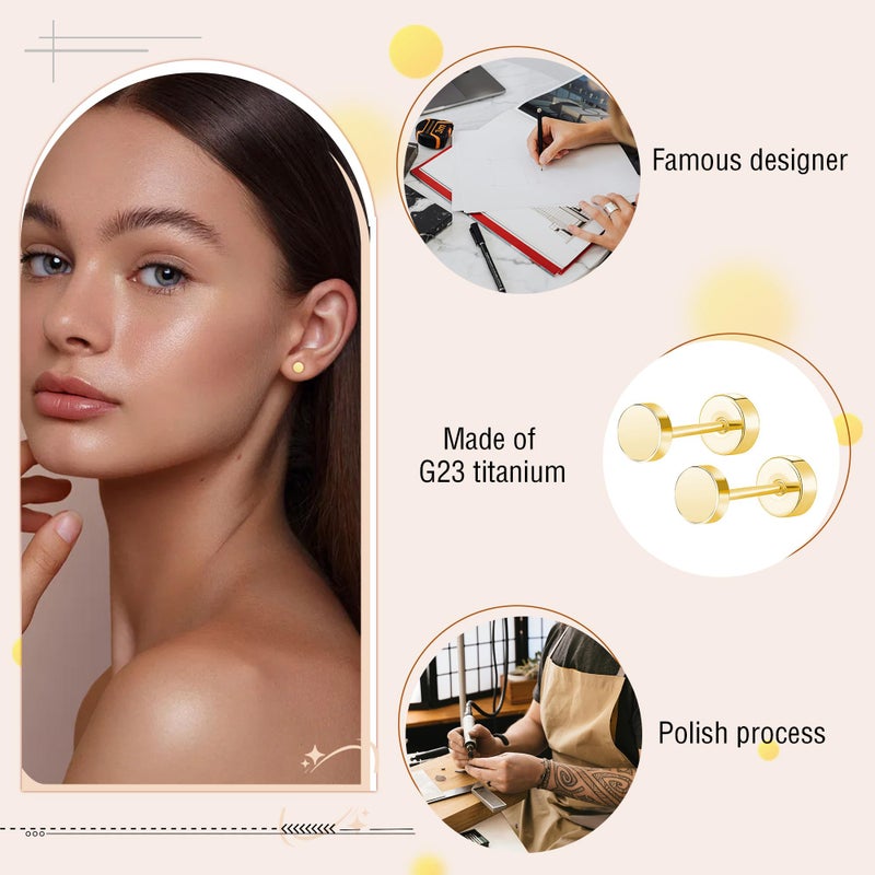 ZDE Women Earrings Flat Back Dot Earrings Titanium Hypoallergenic Cartilage Non-Nickel Earrings Studs for Sensitive Ears Simple Classic Screw On Stud Earring (Gold, 5MM) - Image 2