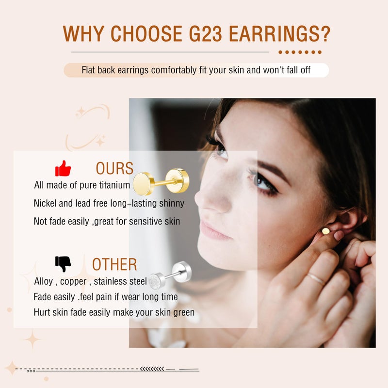 ZDE Women Earrings Flat Back Dot Earrings Titanium Hypoallergenic Cartilage Non-Nickel Earrings Studs for Sensitive Ears Simple Classic Screw On Stud Earring (Gold, 5MM) - Image 5