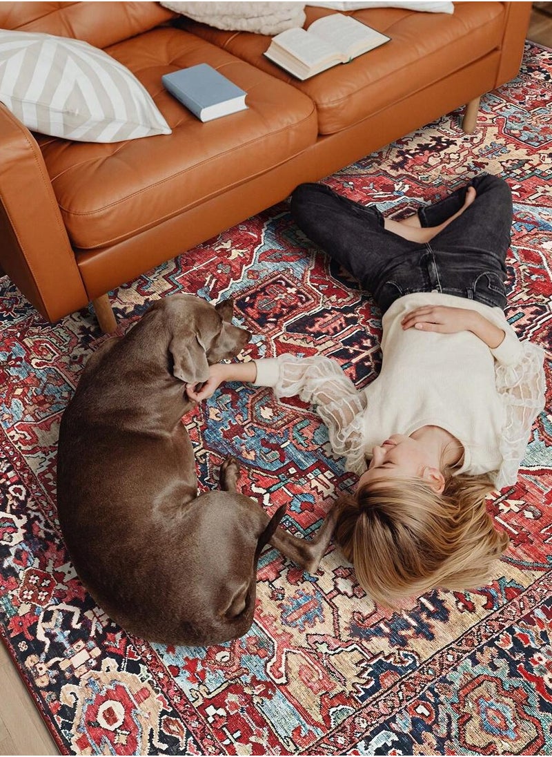 Red and rectangular traditional Bohemian carpets made of polyester fibers are easy to maintain and clean, suitable for decorating living rooms, corridors, bedrooms, offices, kitchens, cabins, and rooms