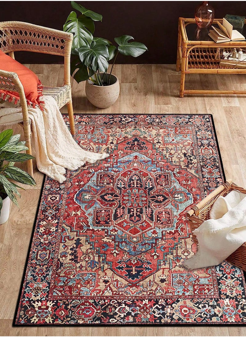 Red and rectangular traditional Bohemian carpets made of polyester fibers are easy to maintain and clean, suitable for decorating living rooms, corridors, bedrooms, offices, kitchens, cabins, and rooms