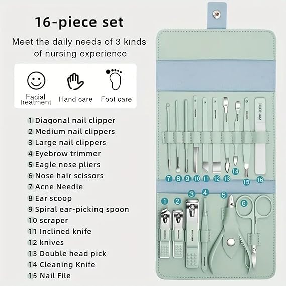 ENCHANTMENT ARAA PAVA Stainless Steel Professional Manicure Set Nail Cutter For Women Nail Scissors Luxury Grooming Kit Manicure Pedicure Kit For Women Nail Acne Remover needle MultiColor 16 IN 1 Manicure Set  - Image 5