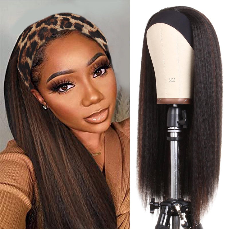 PWEOUKE 22 Inch Glueless Kinky Yaki Straight Headband Wigs Long Hair Wig High Temperature Heat Resistant Synthetic Head Wrap Wigs for Black Women, 1B30 Mix Brown - Image 1