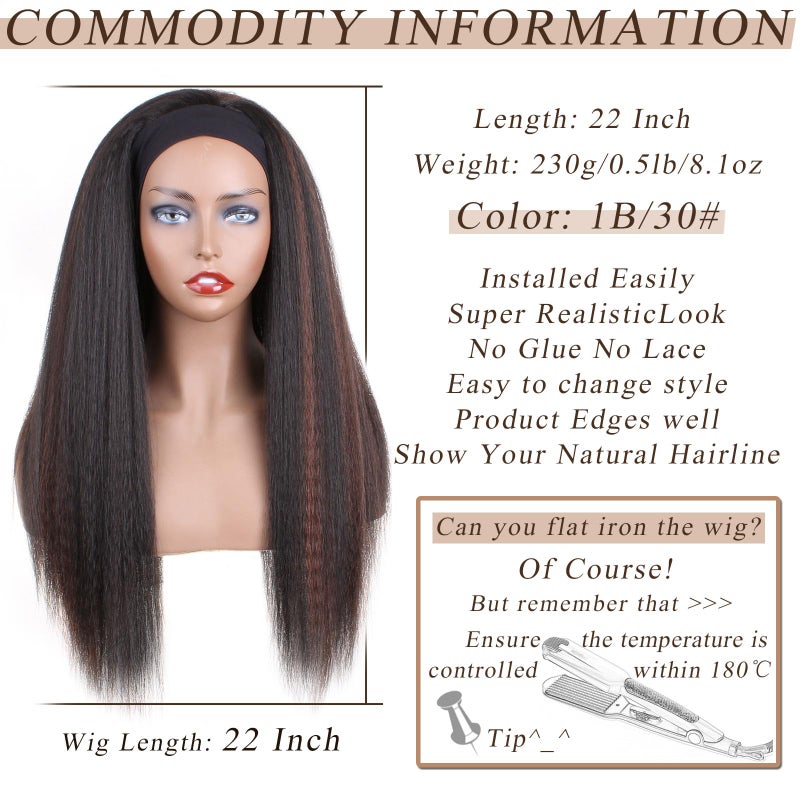 PWEOUKE 22 Inch Glueless Kinky Yaki Straight Headband Wigs Long Hair Wig High Temperature Heat Resistant Synthetic Head Wrap Wigs for Black Women, 1B30 Mix Brown - Image 2
