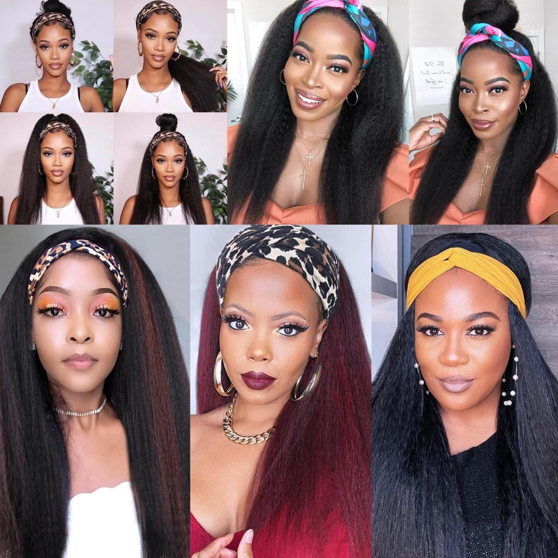 PWEOUKE 22 Inch Glueless Kinky Yaki Straight Headband Wigs Long Hair Wig High Temperature Heat Resistant Synthetic Head Wrap Wigs for Black Women, 1B30 Mix Brown - Image 3