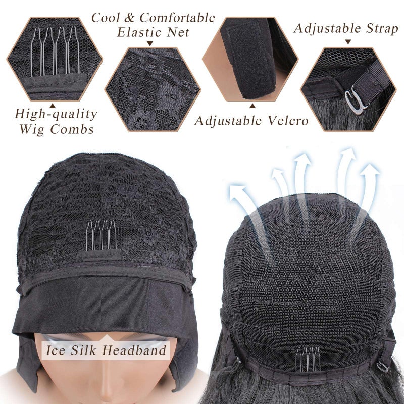 PWEOUKE 22 Inch Glueless Kinky Yaki Straight Headband Wigs Long Hair Wig High Temperature Heat Resistant Synthetic Head Wrap Wigs for Black Women, 1B30 Mix Brown - Image 4