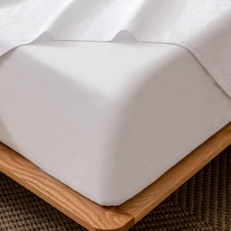 MooMee Fitted Bottom Sheet Only 100% Washed Cotton Linen Like Textured Breathable Durable Soft Comfy Deep Pocket Fits Mattress up to 17" (Bright White, Queen) - Image 1