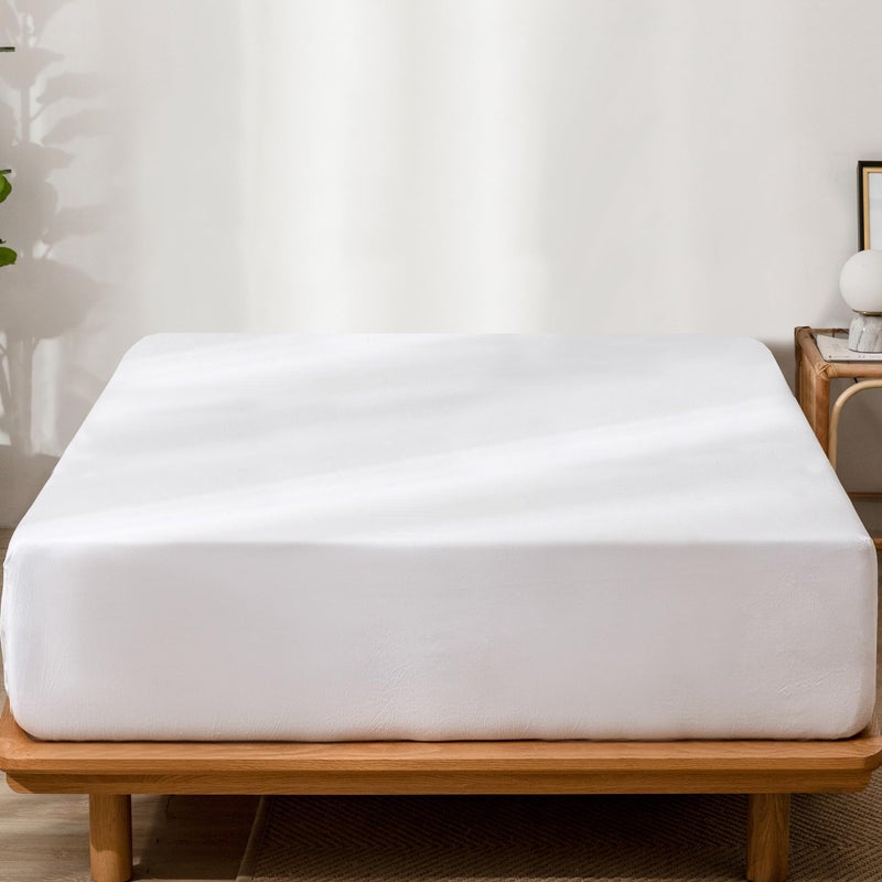 MooMee Fitted Bottom Sheet Only 100% Washed Cotton Linen Like Textured Breathable Durable Soft Comfy Deep Pocket Fits Mattress up to 17" (Bright White, Queen) - Image 4