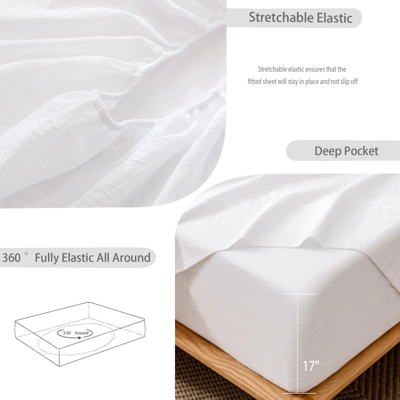 MooMee Fitted Bottom Sheet Only 100% Washed Cotton Linen Like Textured Breathable Durable Soft Comfy Deep Pocket Fits Mattress up to 17" (Bright White, Queen) - Image 5