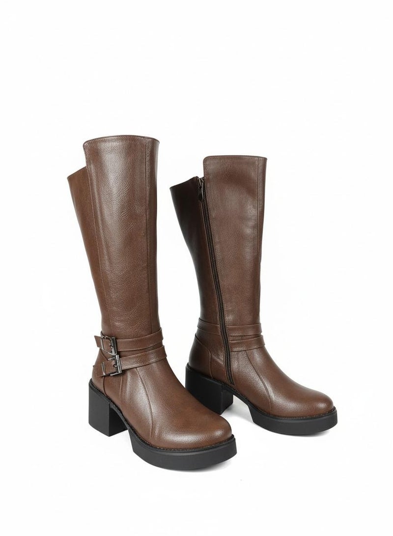 لايف ستيلاش  بوت طويل بكعب متوسط من الجلد أنيق LB-40 - بني - Image 1