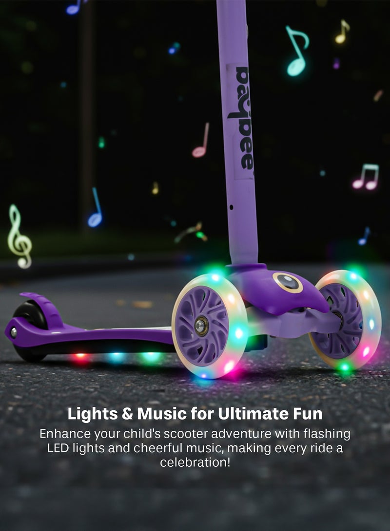 BAYBEE Skaterz Kick Scooter for Kids | 3 Wheel Kids Scooter with 3 Height Adjustable, LED Lights & Music | Skate Scooters Upto 50Kgs Weight Capacity | Runner Scooters for Kid 3 to 10 Years Purple - Image 4