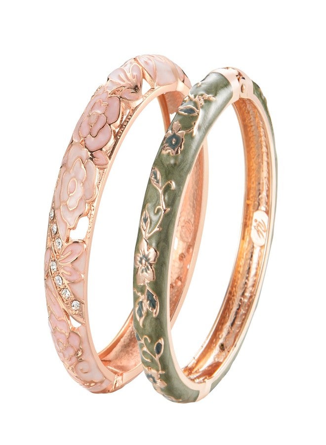 UJOY Vintage Jewelry Cloisonne Handcrafted Enameled Gorgeous Rhinestone Hinged Cuff Bracelet Bangles Gifts 88C06-55A82 Pink Green - Image 1