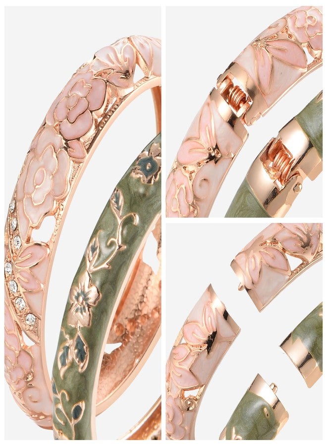 UJOY Vintage Jewelry Cloisonne Handcrafted Enameled Gorgeous Rhinestone Hinged Cuff Bracelet Bangles Gifts 88C06-55A82 Pink Green - Image 4