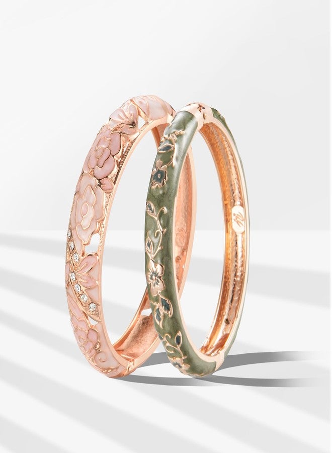 UJOY Vintage Jewelry Cloisonne Handcrafted Enameled Gorgeous Rhinestone Hinged Cuff Bracelet Bangles Gifts 88C06-55A82 Pink Green - Image 2