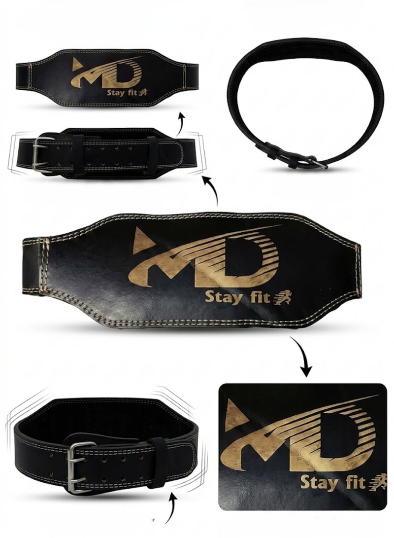 MD Stay Fit MD Genuine Leather Weight Lifting Belt With Padded Lumbar Support And Double Prong Buckle Black Gym Fitness Strength Training Equipment - Image 1