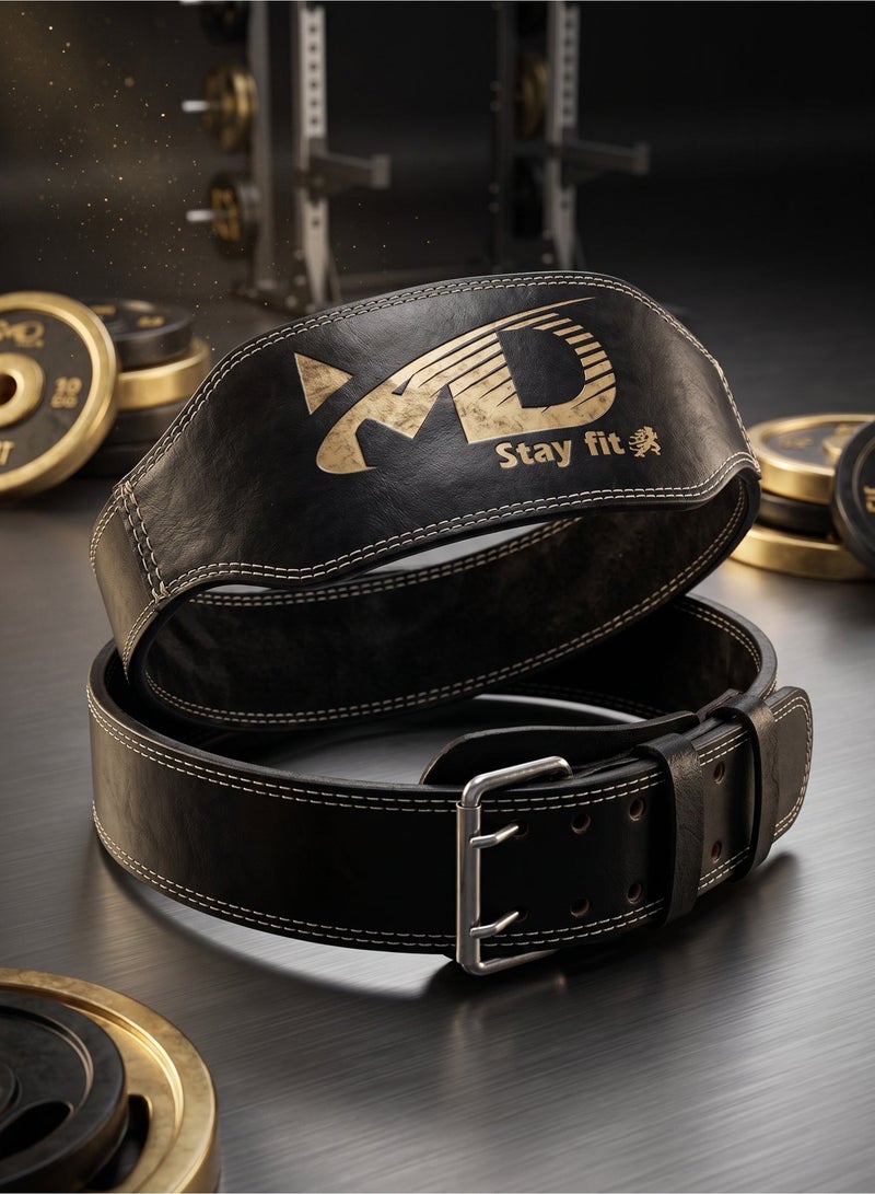 MD Stay Fit MD Genuine Leather Weight Lifting Belt With Padded Lumbar Support And Double Prong Buckle Black Gym Fitness Strength Training Equipment - Image 2