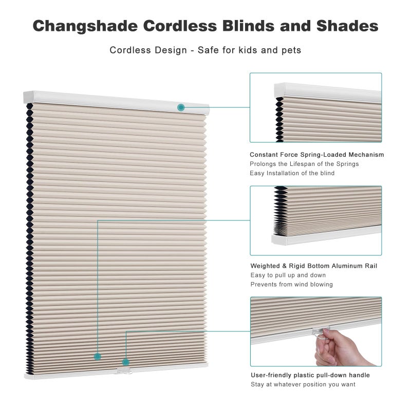 Changshade Cordless Cellular Shades, Blackout Honeycomb Shades for Windows, Pull Down Pleated Blinds, Easy to Install for Indoor Windows and French Doors,19" W x 36" H, Beige - Image 3