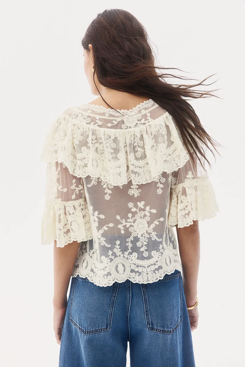 H&M Flounce-Trimmed Lace Blouse