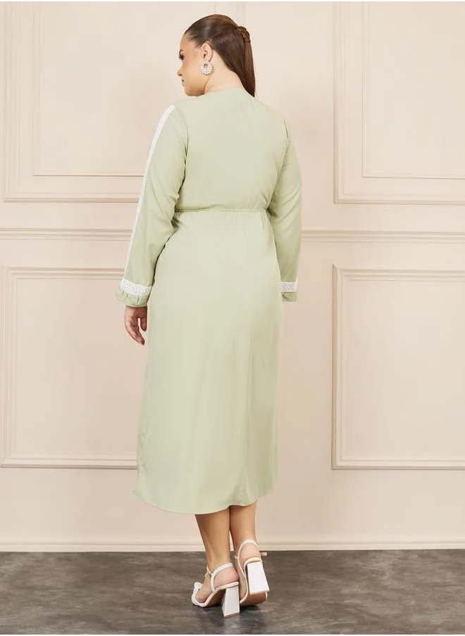 Styli Plus Lace Detail Tie Up Neck A-Line Midi Dress