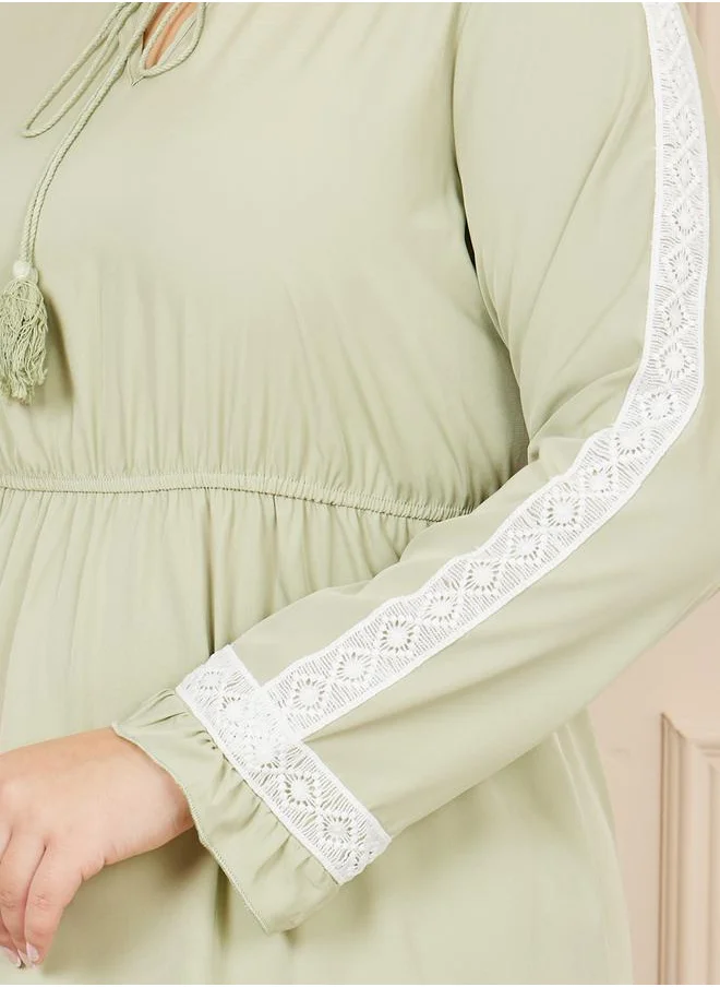 Styli Plus Lace Detail Tie Up Neck A-Line Midi Dress