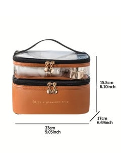 ORiTi Double Layer Makeup Bag Solid Color PU Transparent Wash Bag Portable INS Fashionable waterproof Travel Portable large capacity Storage Bag - Beige  - Image 5