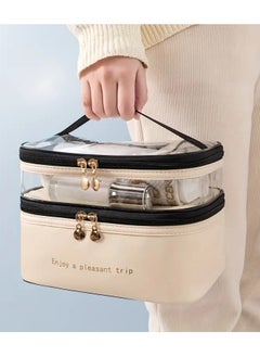 ORiTi Double Layer Makeup Bag Solid Color PU Transparent Wash Bag Portable INS Fashionable waterproof Travel Portable large capacity Storage Bag - Beige  - Image 1