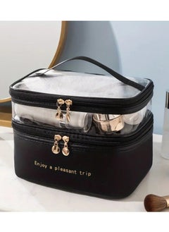 ORiTi Double Layer Makeup Bag Solid Color PU Transparent Wash Bag Portable INS Fashionable waterproof Travel Portable large capacity Storage Bag - Beige  - Image 2