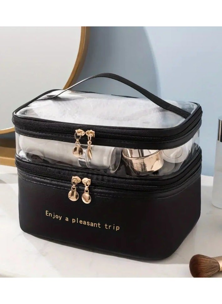 ORiTi Double Layer Makeup Bag Solid Color PU Transparent Wash Bag Portable INS Fashionable waterproof Travel Portable large capacity Storage Bag - Beige - Image 2